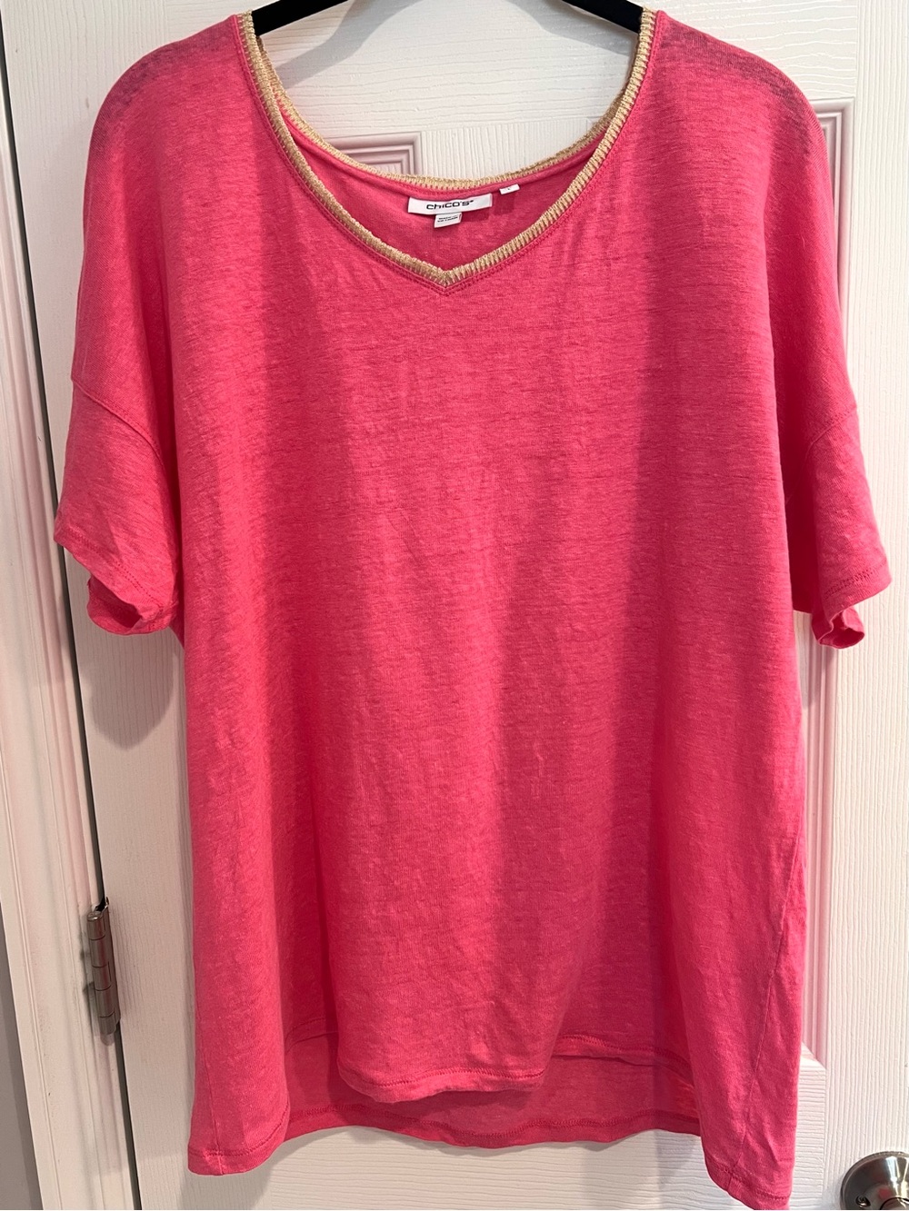 Chico's Linen Pink Short Dolman Sleeve V-Neck Tunic Shirt Top Gold Trim Summer